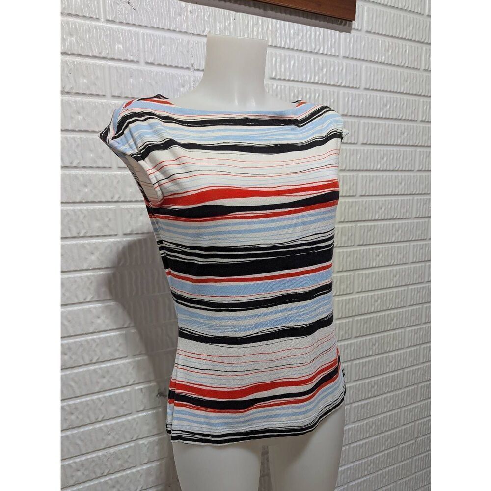 St. John Women's Black Red White Light Blue Striped Cap Sleeve Shirt Top Size 2